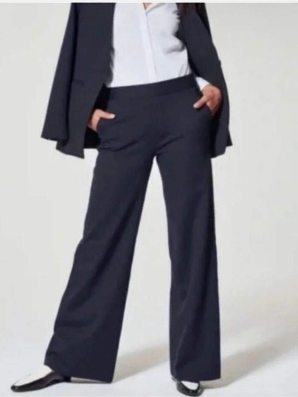 SPANX Navy Pinstripe High Rise Wide Leg Dress Pant Ponte Women's Medium Office